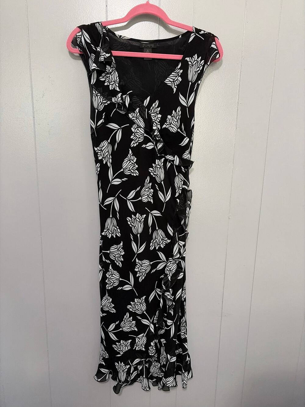 The Limited Y2K 90s Black Floral Silk Ruffle V-neck Romantic Midi Dress 6